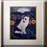 A54. Framed cat with sunflowers print.